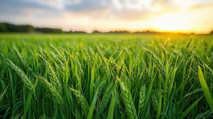 Obraz premium Close-up of green wheat field, illuminated by golden sunlight, during serene summer sunset