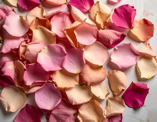 Pile of Pink and Peach Rose Petals on a White Surface.