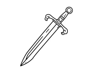 Black and white line drawing of a medieval broadsword on white background. Sword details visible