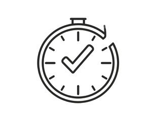 Vector illustration depicting a clock with a checkmark inside, incomplete circular arrow around