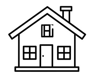 A simple line drawing depicts a house, featuring a roof, door, windows, and chimney