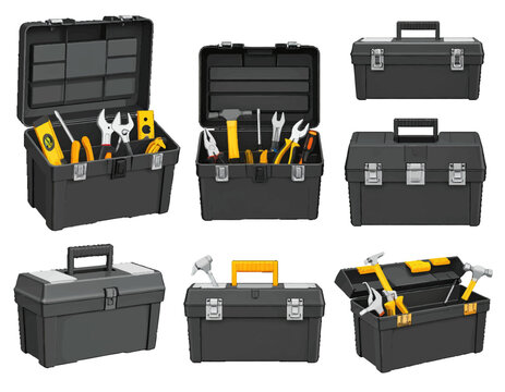 Seven cartoon illustrations showing various black toolboxes, some open with tools inside, against a white background