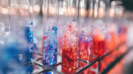 Vibrant close up of test tube rack in science laboratory. Colorful blue and red liquid in research experiment shows chemical reaction