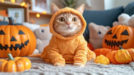 Wandcirkels Dierenarts A cute tabby cat wearing an orange hooded outfit, surrounded by Halloween decorations  © Kadal
