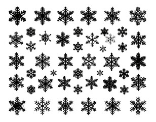 A collection of black snowflakes of various sizes, scattered against a plain white background