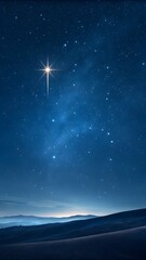 Bright Star Shining Over Peaceful Night Sky With Milky Way And Silhouetted Mountains In Calm Blue Horizon