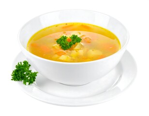 Comforting Chicken Noodle Soup in a White Bowl.