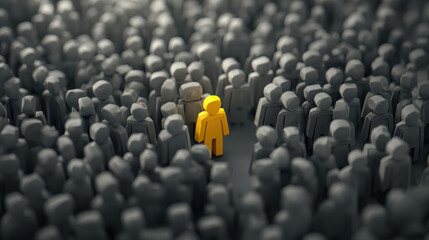 Obraz premium Unique yellow figure standing out from grey crowd. concept of brave individuality, difference, leadership, and being chosen