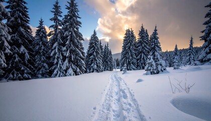 Naklejka premium Winter Wonderland - Snow-Covered Trees and Footprints in the Forest.