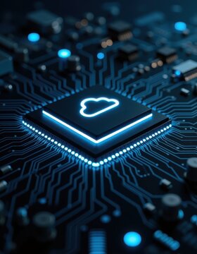 AI processor chip integrated into a circuit board with glowing blue pathways and cloud symbol computer technology cpu microchip digital processor