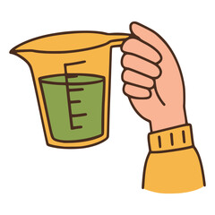hand holding measuring cup for cooking flat color vector illustration template design