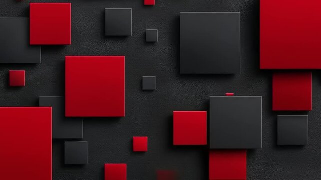 A geometric pattern of overlapping red and dark gray squares creates a visually striking design.