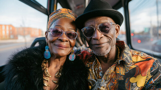 Happy stylish african american senior couple smiling for portrait with love. man and woman travel together sitting on public city bus - Powered by Adobe