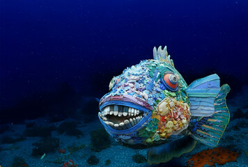 Multicolored plastic waste transformed into striking sculptural artwork, revealing devastating...