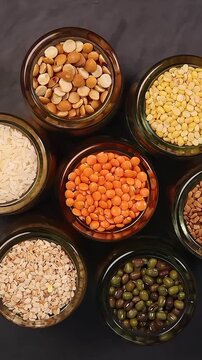 Variety of grains red green yellow dal rice sesame methi legumes in glass jars displayed on a dark black slate surface copy text space frame