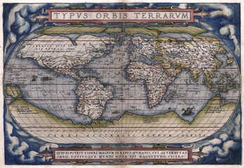 Antique world map titled Typus Orbis Terrarum showing continents, oceans and a quote by Cicero