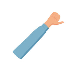 Flat cartoon hand with thumb up. Isolated pale arm with gesture representing number one. Palm in upward position blue sleeve. Suitable for math, education, and preschool materials.