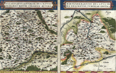 Highly detailed antique map of the Palatinate of Bavaria and Duchy of Württemberg, Germany, created by Erhard Reich, showcasing historical geography