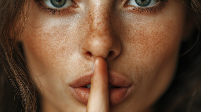 Mysterious quiet woman holds secret, placing finger on her lip in silence gesture. Close up of her face reveals sense of mystery