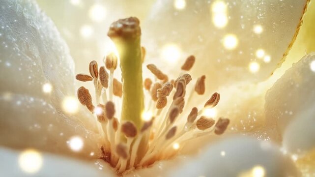 Close up of white flower with stamen and glowing particles
