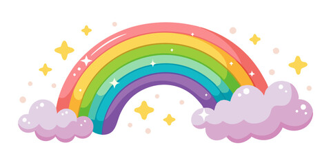 Vibrant, cartoon rainbow arching over fluffy pink clouds with sparkling stars. This cute, cheerful illustration is perfect for themes of childhood, celebration, LGBTQ+ Pride, positivity, magic