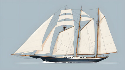 Ocean Voyage Minimalist Vector Art of a Large Sailing Yacht in Motion on Blue Water