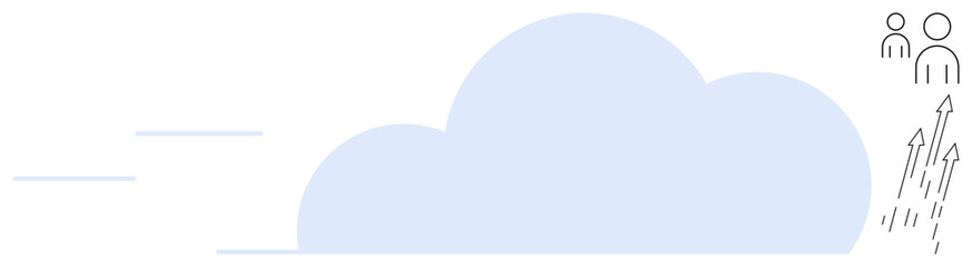 Large blue cloud, dynamic lines for speed, two figures with ascending arrows for growth. Ideal for technology, progress, teamwork, cloud storage, innovation scalability data management. Simple flat