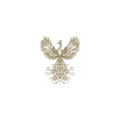 Fototapeta premium Elegant vector engraving illustration of a majestic, crowned peacock or phoenix bird with spread wings and decorative tail feathers