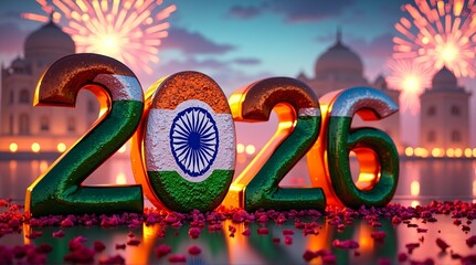 The image shows '2026' with Indian flag colors, set against a backdrop of fireworks and iconic architecture, celebrating a global Happy New Year.