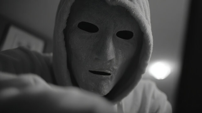 Creepy anonymous hacker and criminal stalker in dark room wearing scary faceless mask represents danger and threat to personal security