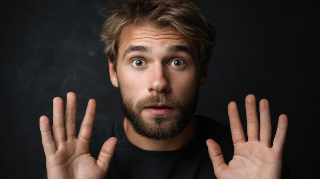 Frightened young man in shock with an expression of fear. scared portrait of guy trapped or in surrender with hands up on black background