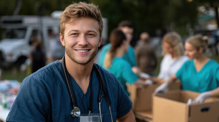 Happy male healthcare worker doctor smiling outdoors. Portrait of confident volunteer with group working on humanitarian aid mission