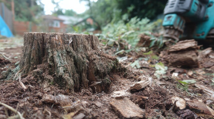 Fototapeta premium Chaotic tree stump removal in garden using powerful grinder. messy aftermath shows wood chips, soil, and root debris on ground
