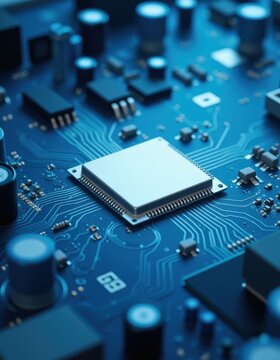 D render of a light blue circuit board with a blank white central chip computer technology cpu microchip digital processor