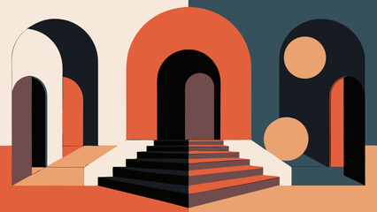 Fototapeta premium An abstract geometric design featuring arches, steps, and circles in a striking color palette of terracotta, navy blue, and beige, creating a modern architectural scene.