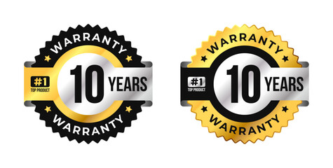 Premium 10 years warranty badge vector with black, gold and silver colors. Perfect for product guarantee, quality assurance, label, or certification design