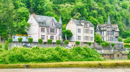 Lush vegetation surrounds picturesque half-timbered houses along the Rhine River in Germany, creating a charming and idyllic scene