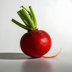 Vibrant Red Radish with Fresh Green Top on White Background.