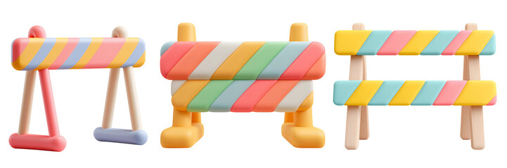 Playful 3d Render of Pastel Striped Barrier Fences on White