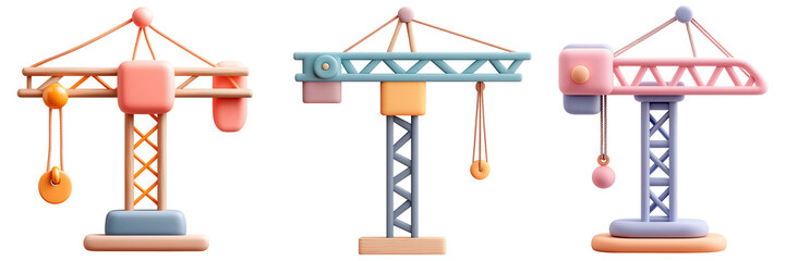 Three Playful Pastel 3d Rendered Construction Cranes Isolated on Transparent