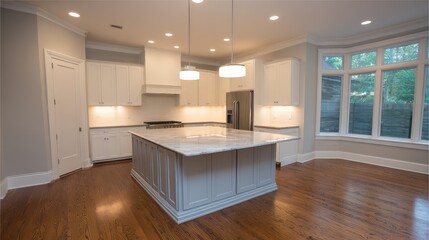Fototapeta premium Modern kitchen interior with elegant design featuring large island, white cabinets, and ample natural light from windows in a luxury home setting