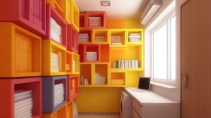 Fototapeta premium Modern and Vibrant Home Office with Colorful Cube Shelving and Natural Light in a Cozy Space Promoting Productivity and Creativity in a Contemporary Environment