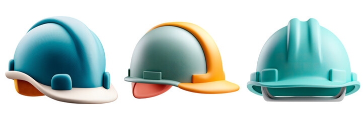 Set of Three 3d Pastel Construction Safety Helmets on Transparent Background