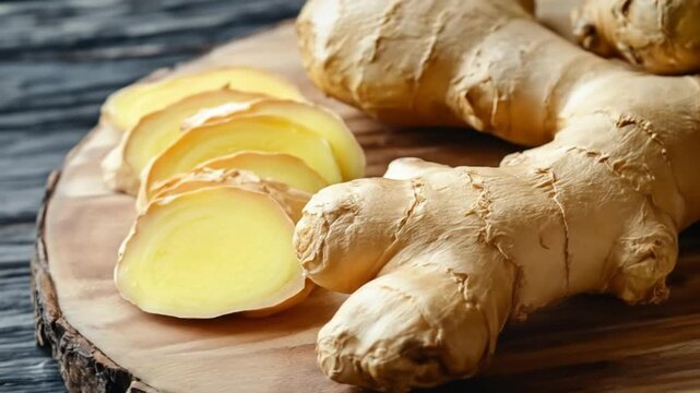 Fresh ginger root slices on wooden cutting board healthy food concept