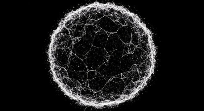 Abstract glowing sphere with connecting lines and dots on a black background - Powered by Adobe
