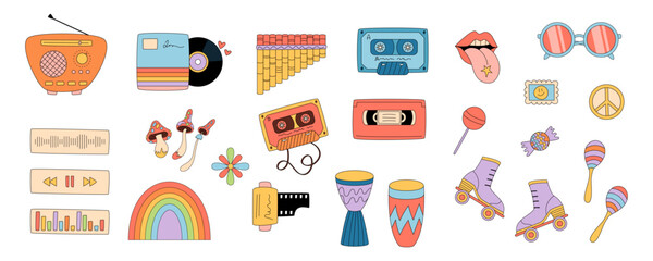Groovy retro music party sticker set in colorful y2k style. Cassette, radio, record and roller form a playful groovy element pack. Fun for festival or bright party collection themes.