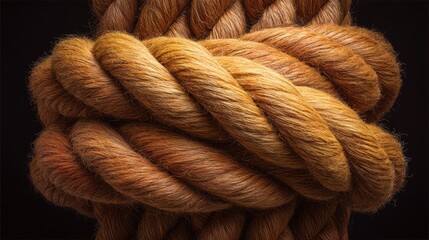 Detailed Close-Up of a Twisted Natural Fiber Rope Displaying Rich Golden and Brown Colors Against a Dark Background for Artistic or Informational Purposes