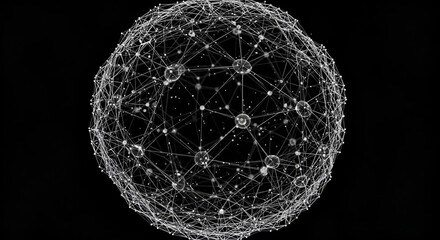 Abstract interconnected network of white lines and dots on a black background