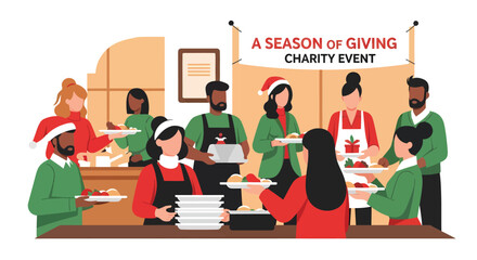 Volunteers serving food at charity event during the holiday season, showcasing generosity and community spirit, creating a warm and festive atmosphere.