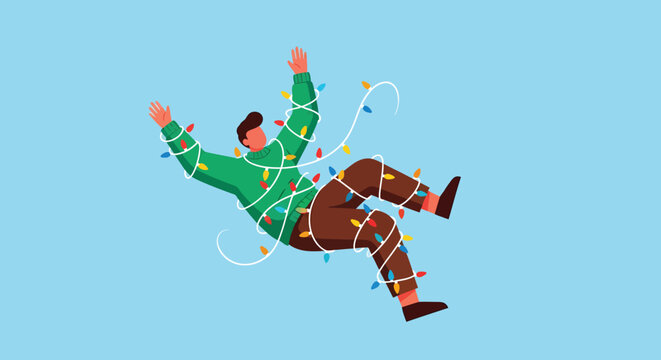 Man Tangled in Christmas Lights, Holiday Mishap, Illustration